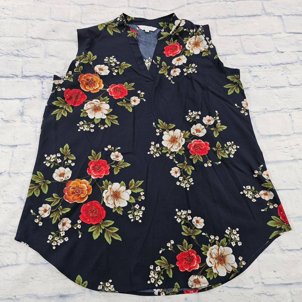 Amaryllis Floral Blouse Womens XL Navy Blue Sleeveless Split Neck Curved Hem Top